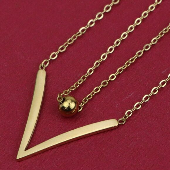 Layered Yellow Necklace with V-Shaped Pendant and Gold Bead, XPNL0370 - Picture 1 of 13